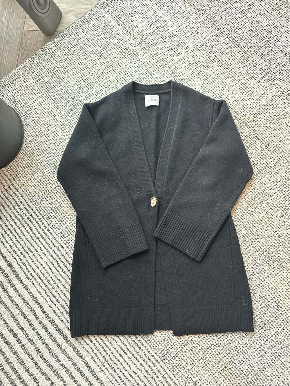 Galvan London Black Textured Knit Cardigan with Gold-Tone Sculptural Button
